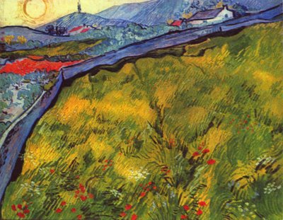 Paisagem montanhosa ao nascer do sol com prado cercado de Vincent van Gogh